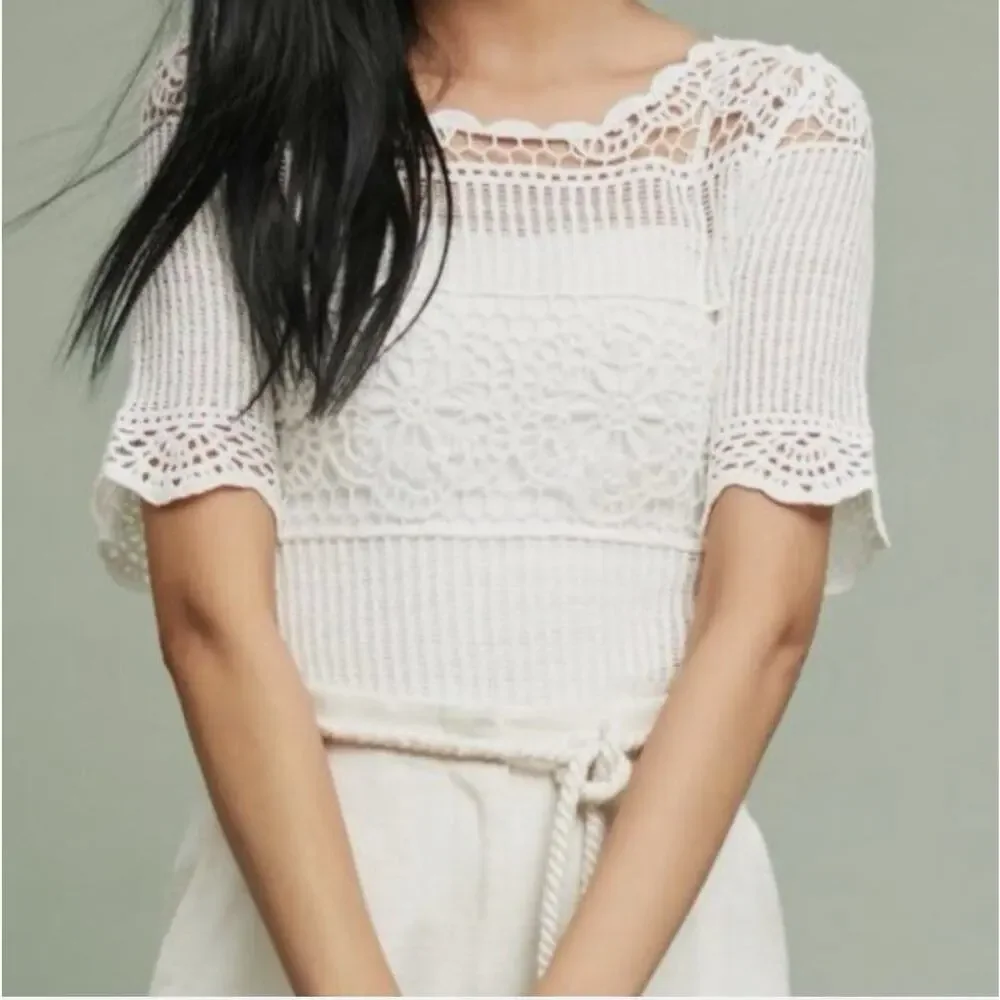 James Coviello Anthropologie Crochet Lace Top Boho Ivory Size L